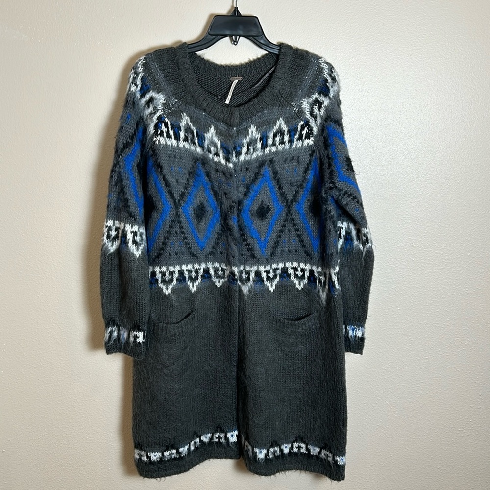 Free People Frosted Fair Isle Nordic Knit Mohair Blend Long Cardigan Sweater